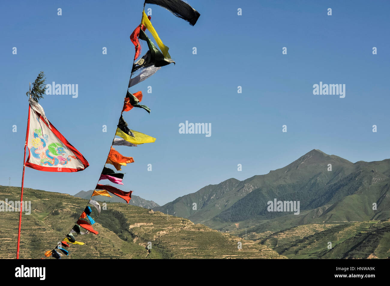 A banner and prayer flags against a blue sky in Tongren Valley, Qinghai Stock Photo