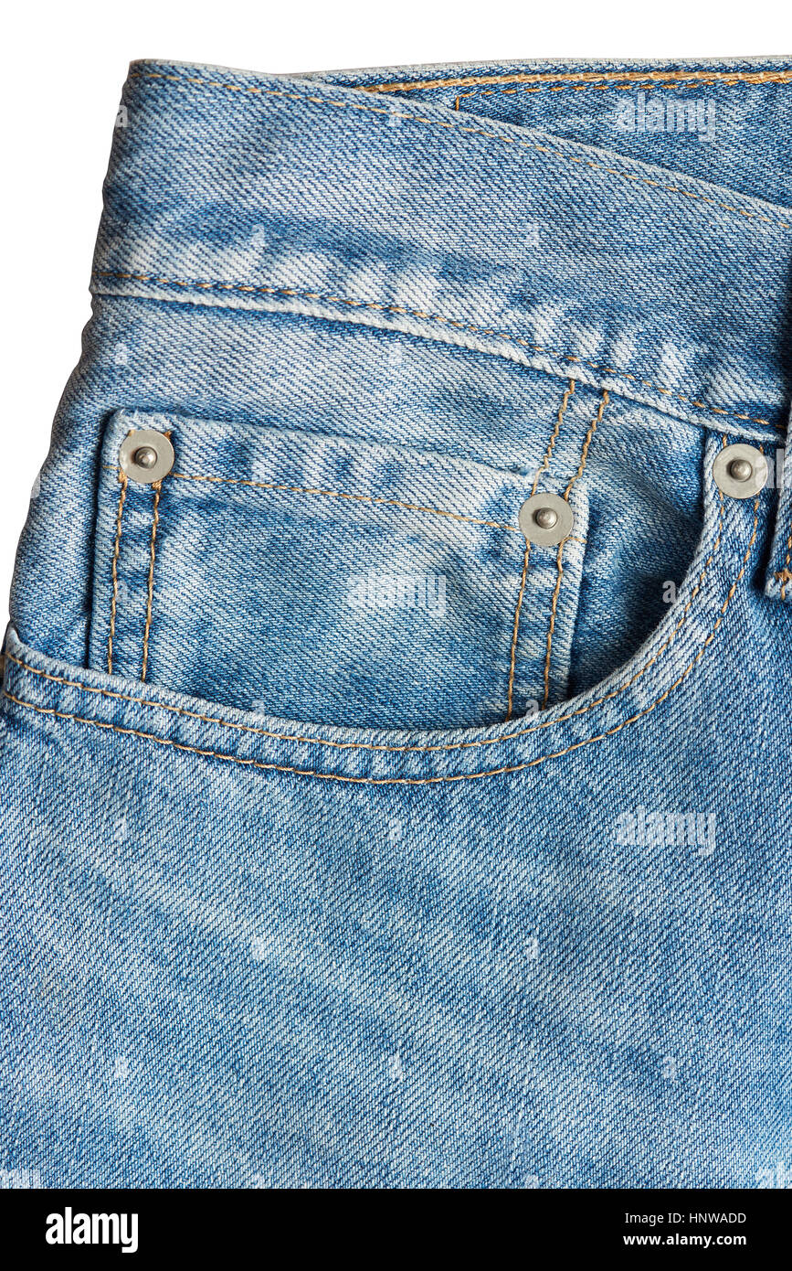 Close up of  light blue jeans pocket isolated on white background Stock Photo