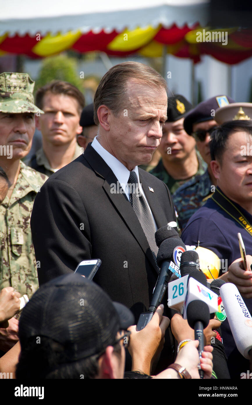 H.E. Mr. Glyn T. Davies, U.S. Ambassador to Thailand speaks at a press conference at the opening ceremonies of Cobra Gold 2017 in Sattahip, Thailand. The Cobra Gold Exercise is a major combined military exercise in South East Asia between the Royal Thai Armed Forces, the U.S. Armed Forces and Allied Armed Forces. Stock Photo