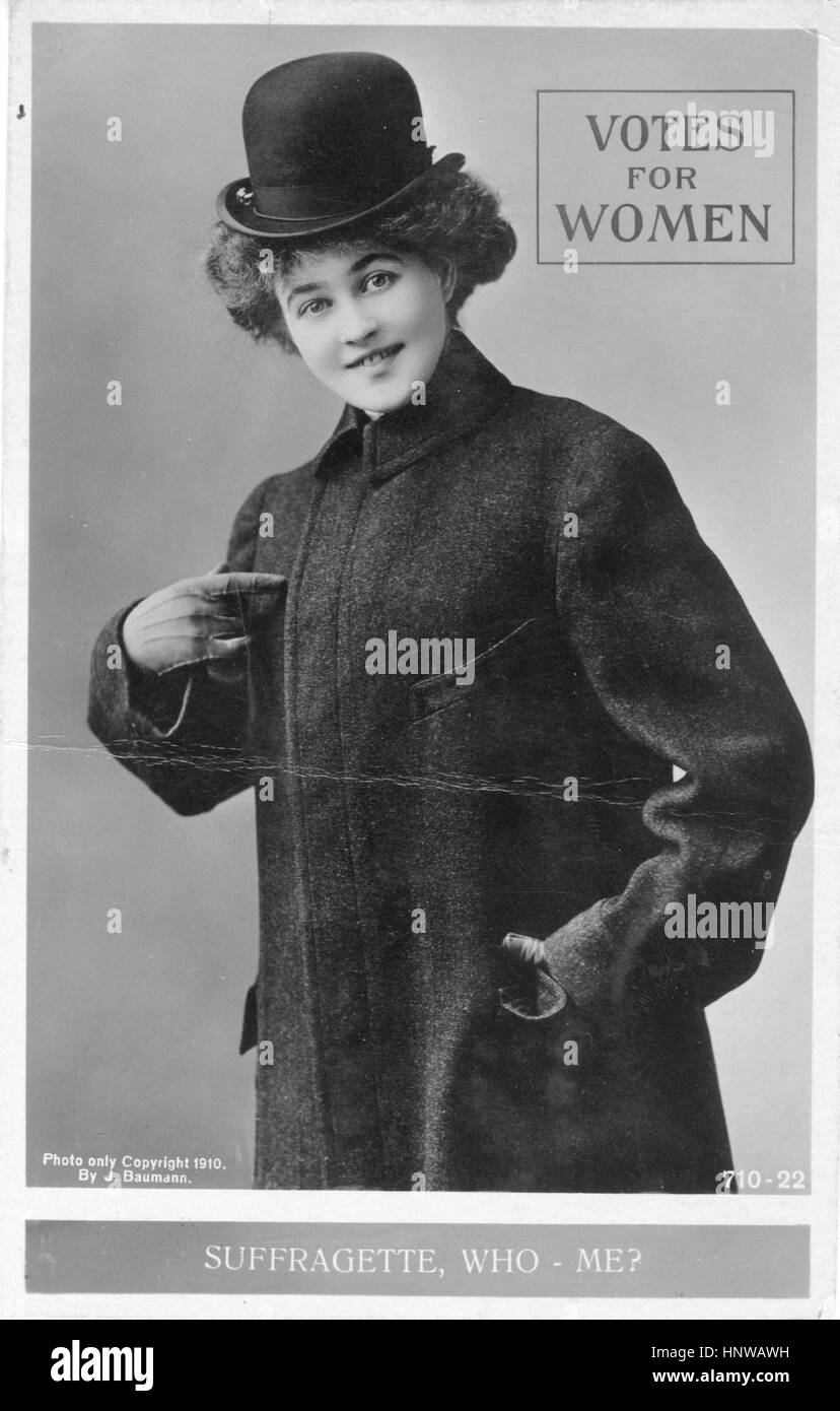 Suffragette woman dressed as a man, 1910.  'Who - Me?'  It was ten years later before women won the right to vote nationally.  To see my other vintage images, Search:  Prestor  vintage  woman Stock Photo