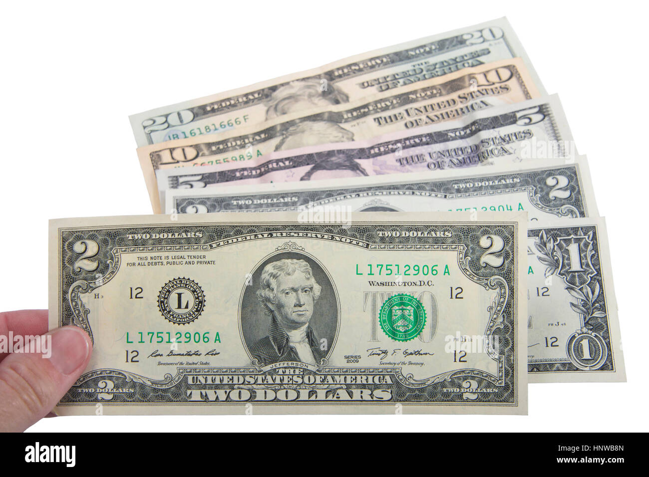 The United States two-dollar bill $2 is a current denomination of U.S. currency seldom seen in circulation anymore. A lack of public awareness Stock Photo