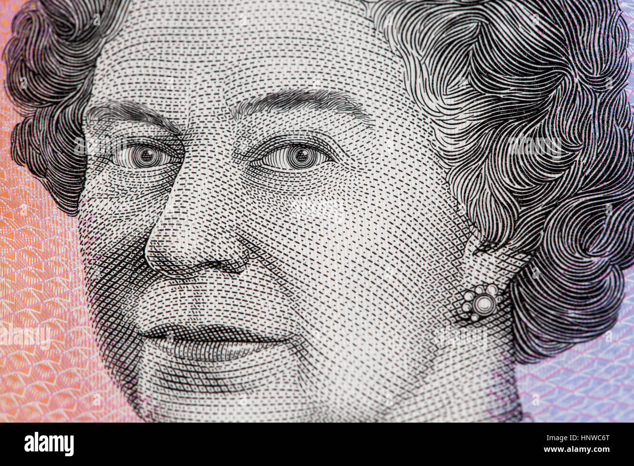 Portrait of Queen Elizabeth II - Australian 5 dollar bill closeup Stock Photo