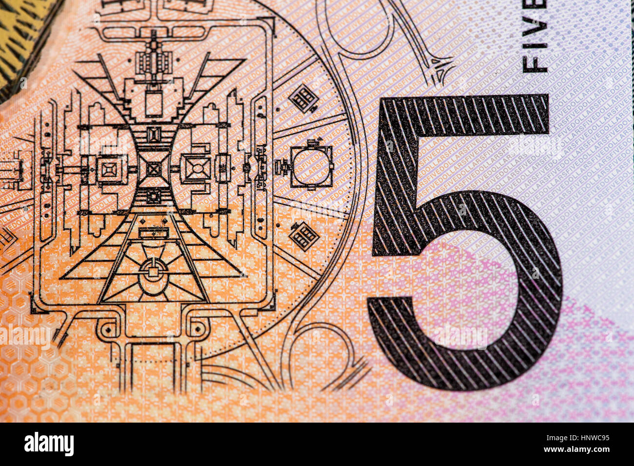 Australian 5 dollar bill fragment closeup showing the Parliament House in Canberra Stock Photo