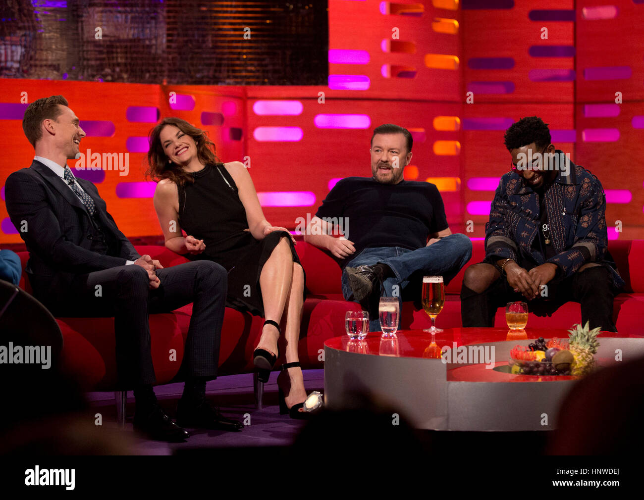 (left to right )Tom Hiddleston, Ruth Wilson, Ricky Gervais and Tinie Tempah during filming of the Graham Norton Show at The London Studios, to be aired on BBC One on Friday February 17, 2017. Stock Photo