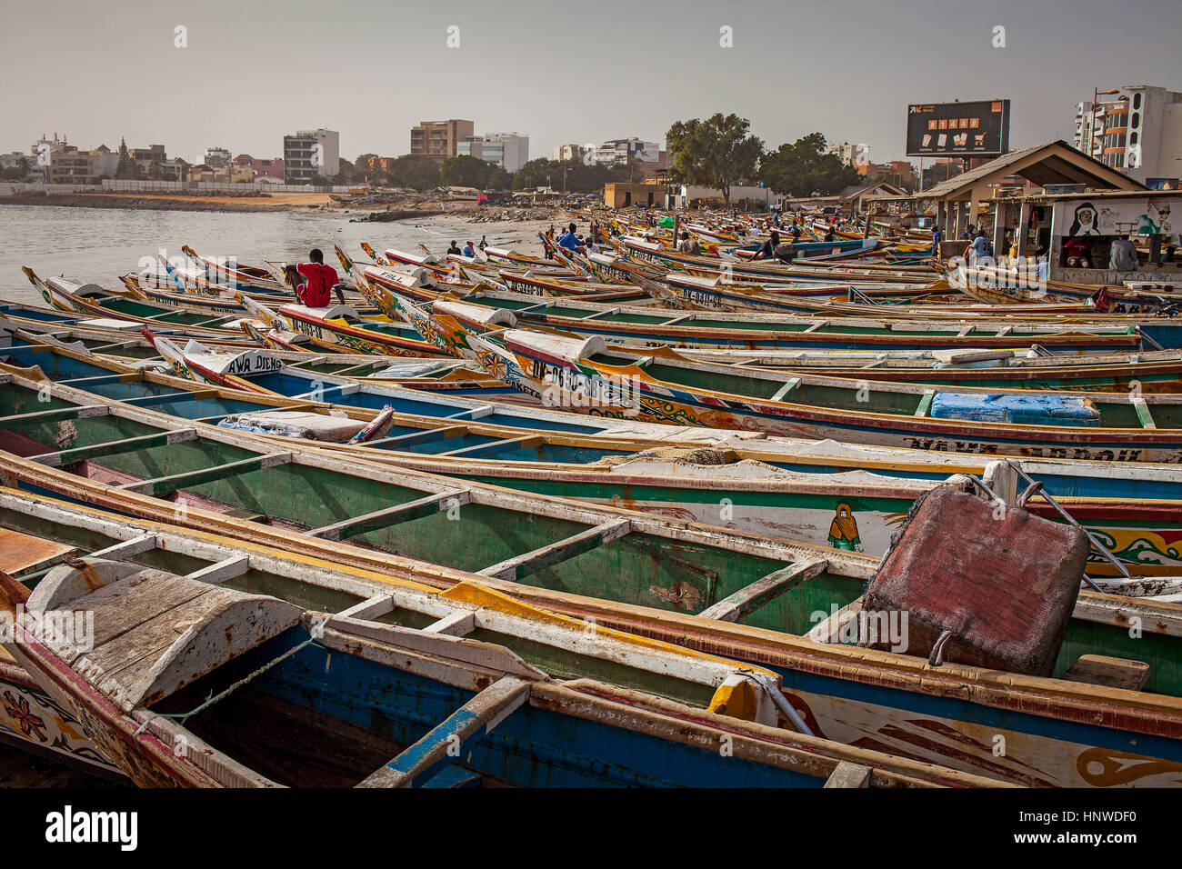 boats at the fish market beach in soumbedioune, Dakar, Senegal Stock Photo