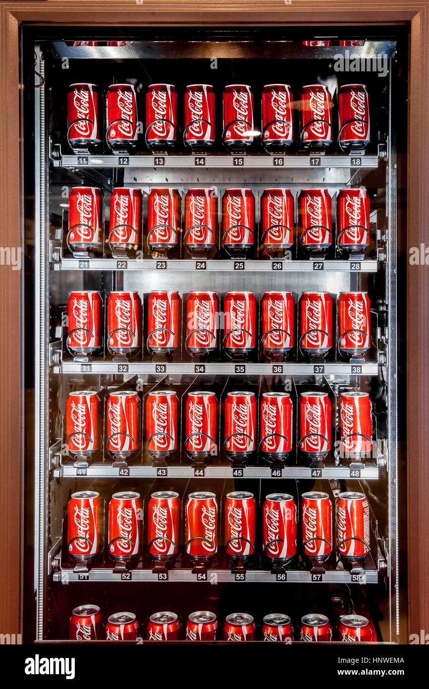 Vending machine full of coca-cola cans in Moscow, Russia Stock Photo