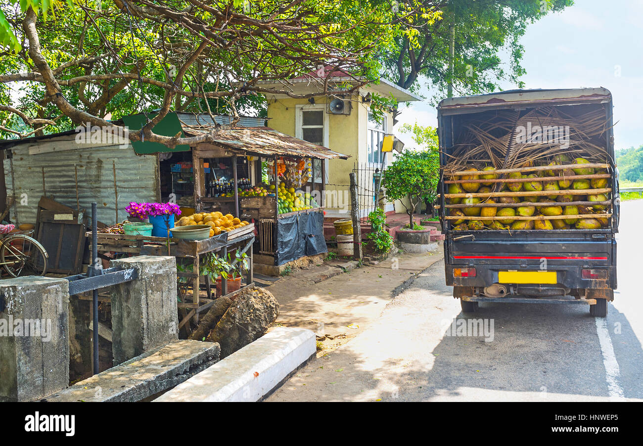The truck laden with coconuts stands at the old fruit stall, Madampe