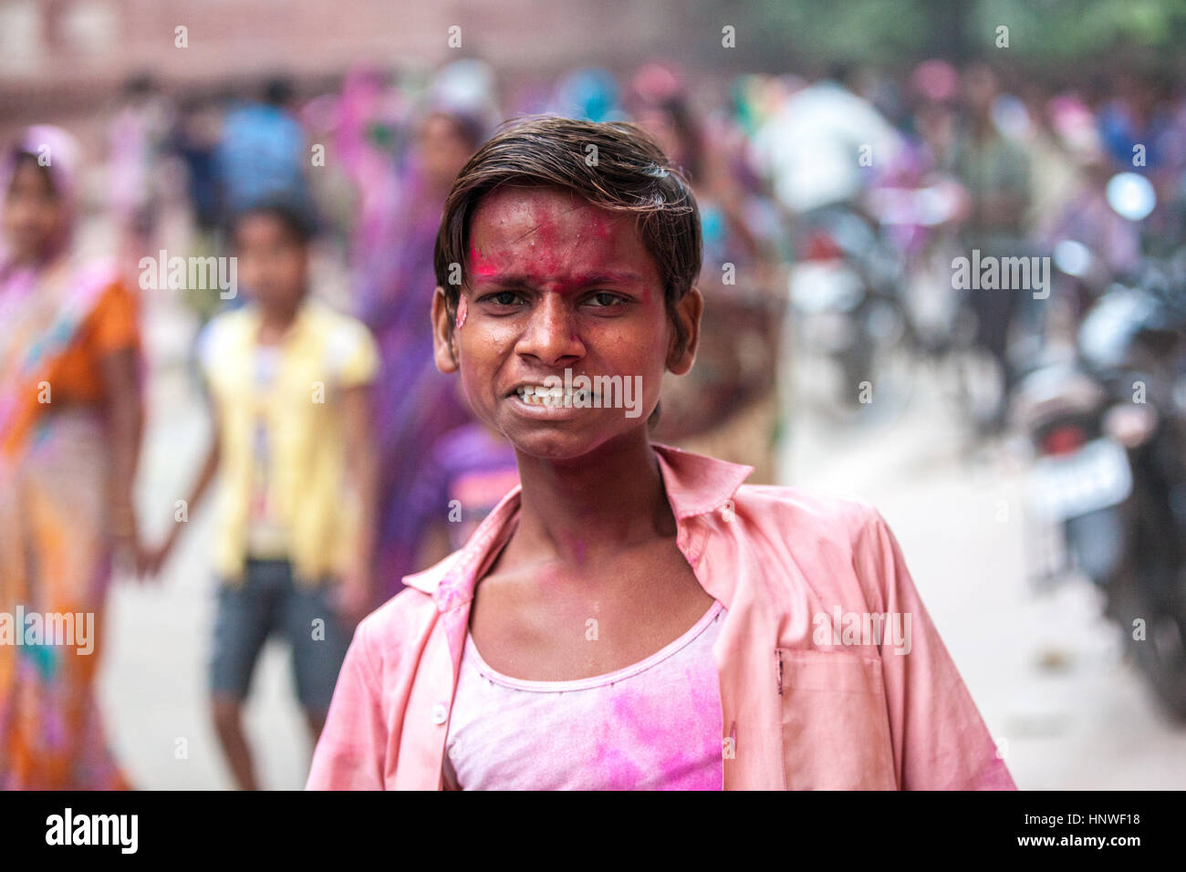 Agra, India - 03 October, 2014: Portrait of Indian boy in the crowd during Durga Puja celebrations on the street of Agra on 03 October, 2014, Agra, In Stock Photo