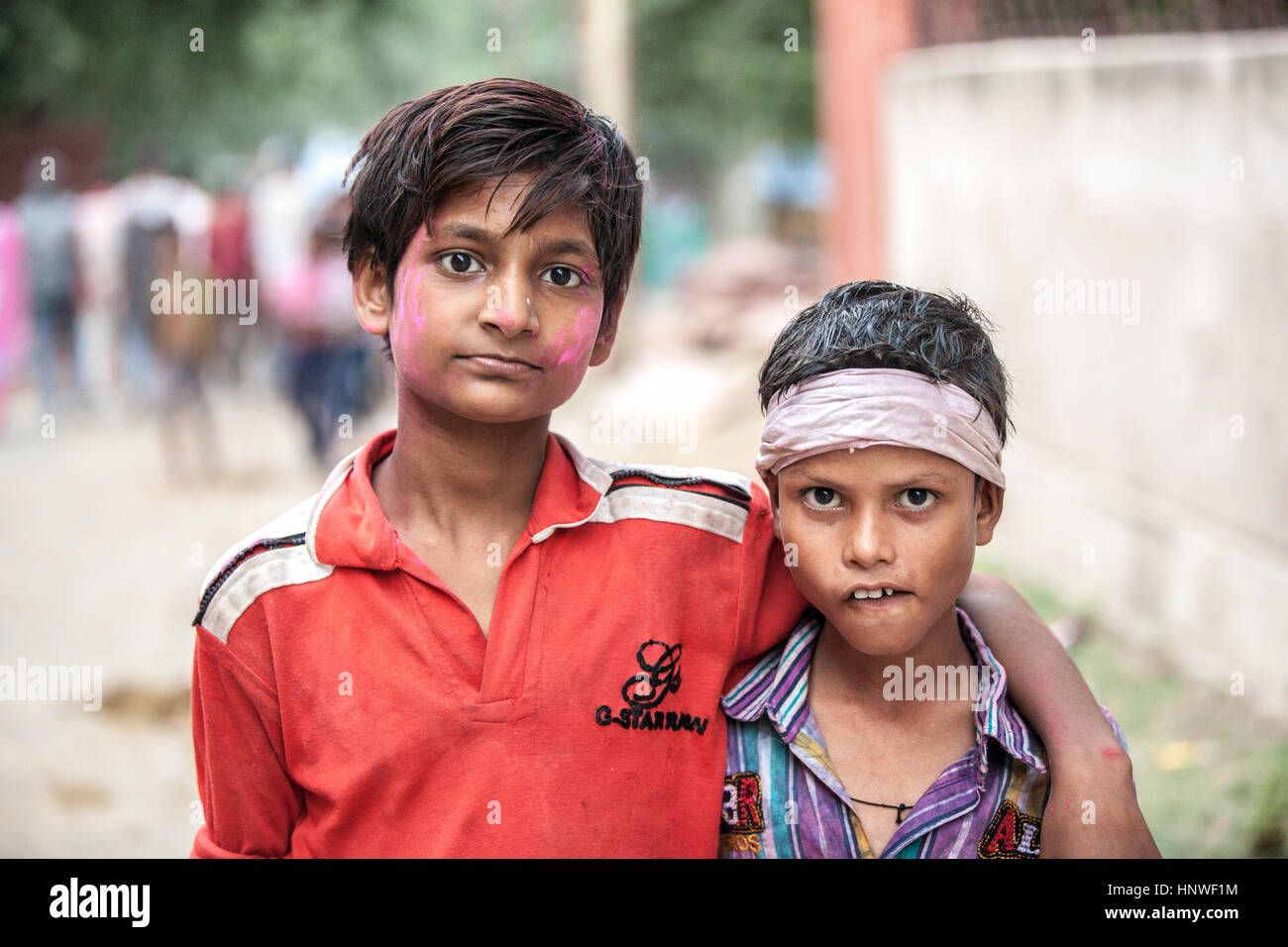 Agra, India - 03 October, 2014: Portrait of Indian boys in the crowd during Durga Puja celebrations on the street of Agra on 03 October, 2014, Agra, I Stock Photo