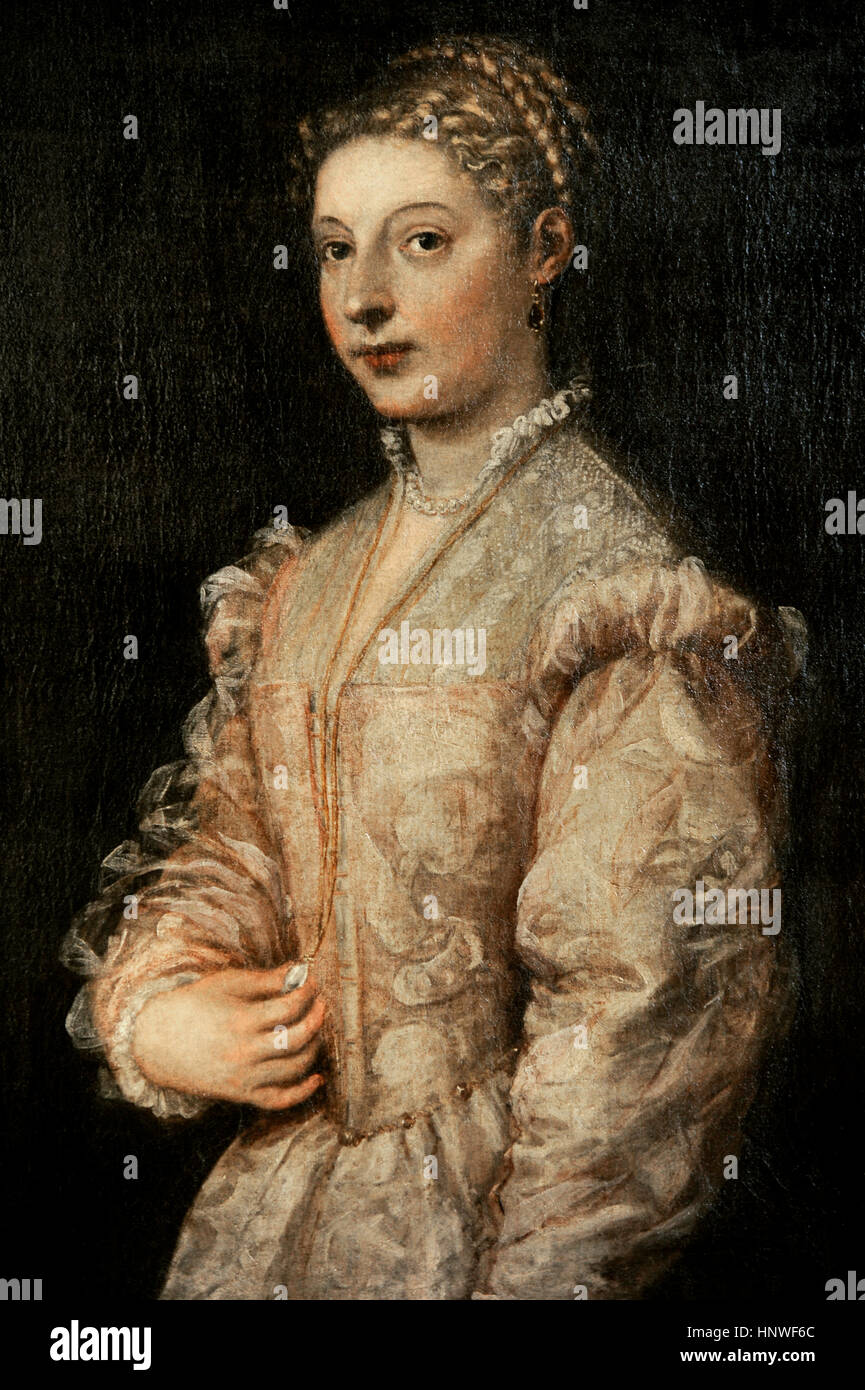 Titian (1489/1490-1576). Italian painter. Portrait of a young woman. Farnese Collection. National Museum of Capodimonte. Naples. Italy. Stock Photo