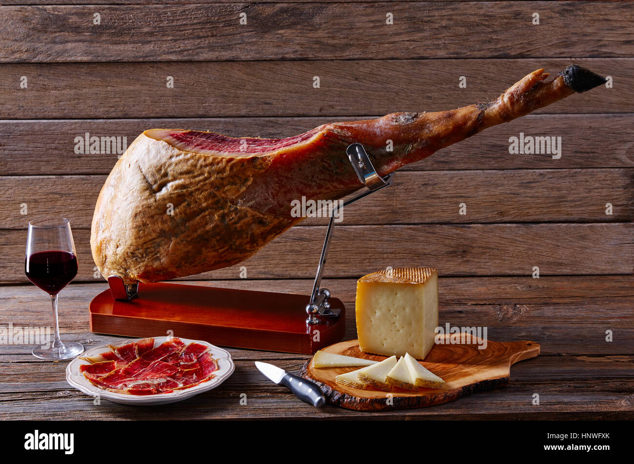 Iberian ham pata negra from Spain manchego cheese and red wine Stock Photo