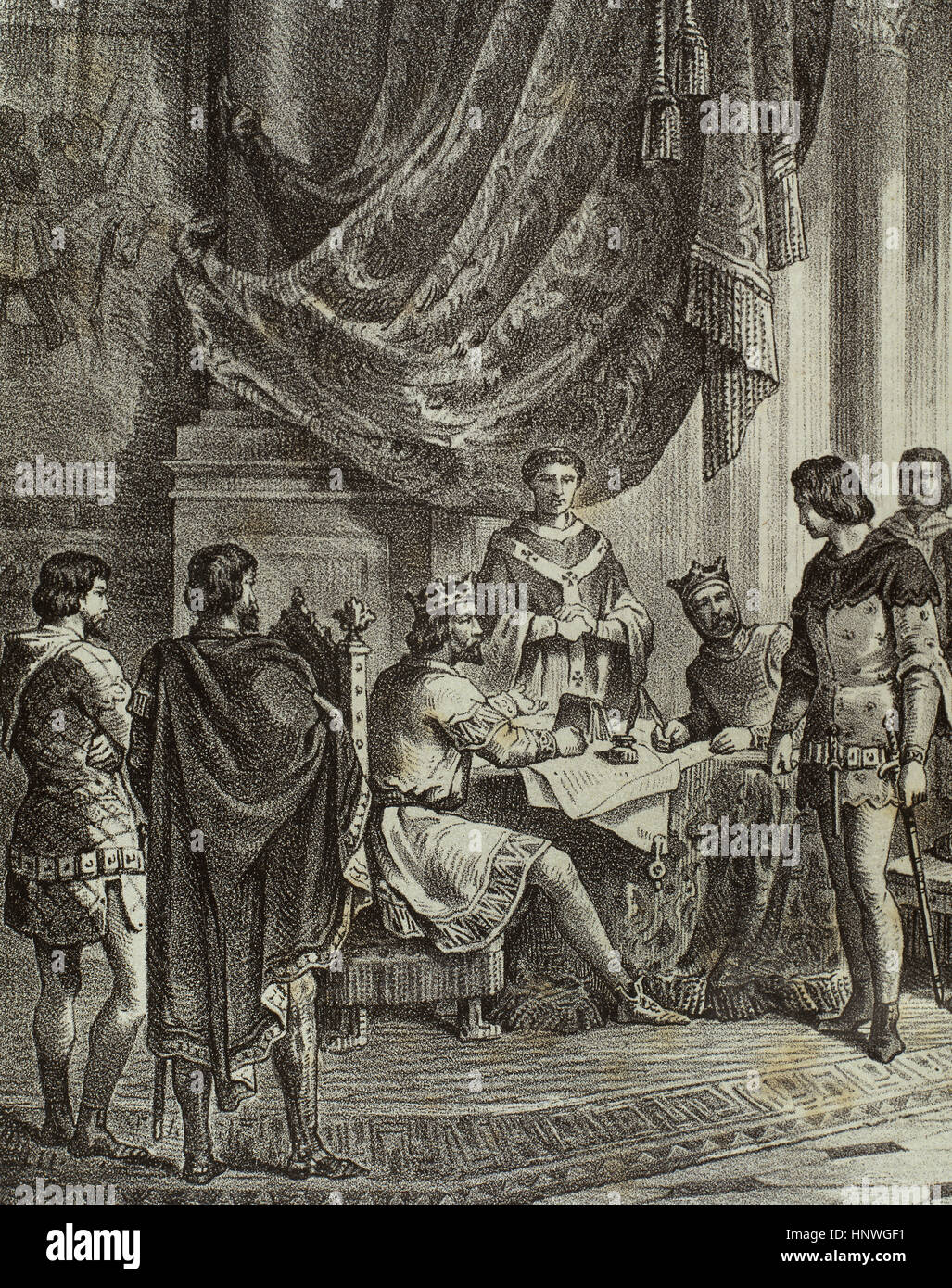 Agreement of Oloron signed on July 27th, 1287 in Oloron-Sainte-Marie (France) between the king Alfonso III of Aragon, called The Liberal (1265-1291) and Edward I of England (1239-1307).  'Historia de España'. Engraving.19th century. Stock Photo
