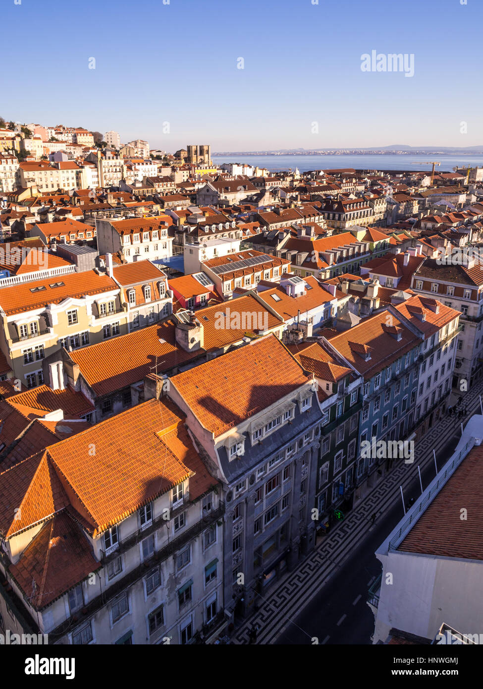 LISBON, PORTUGAL - JANUARY 10, 2017: Cityscape of Lisbon as seen from Miradouro do Elevador de Santa Justa (view point at the top of Santa Justa Eleva Stock Photo