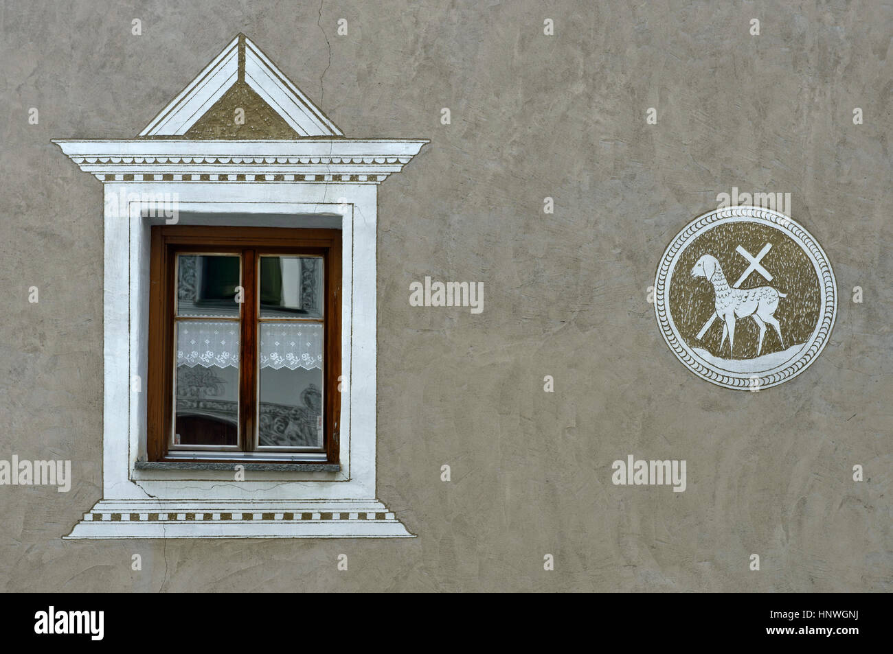 Window and sgraffito at the listed parish house Scuol, Engadin, Graubunden, Grisons, Switzerland Stock Photo
