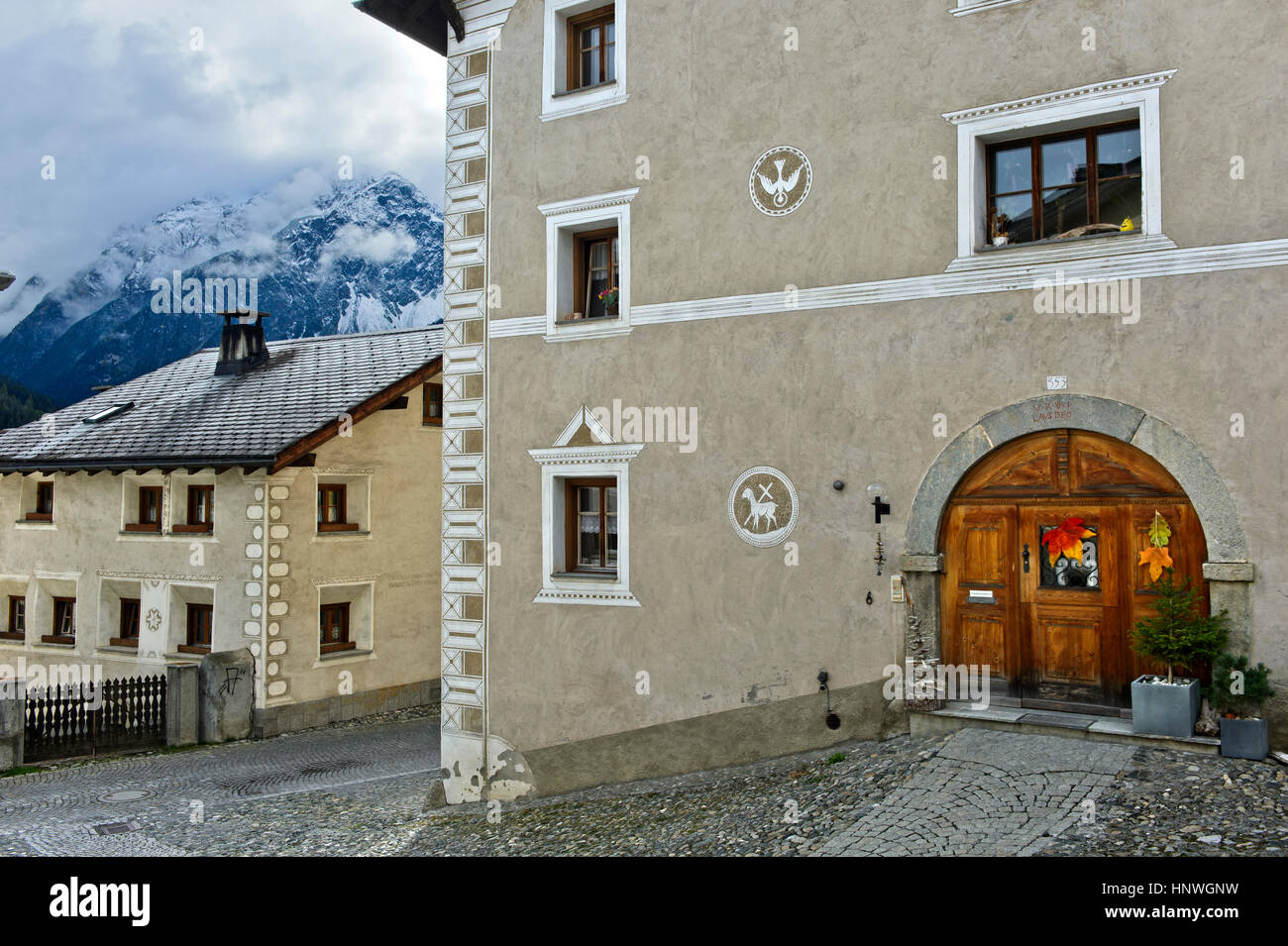 Listed parish house with sgraffiti, Scuol, Engadin, Graubunden, Grisons, Switzerland Stock Photo