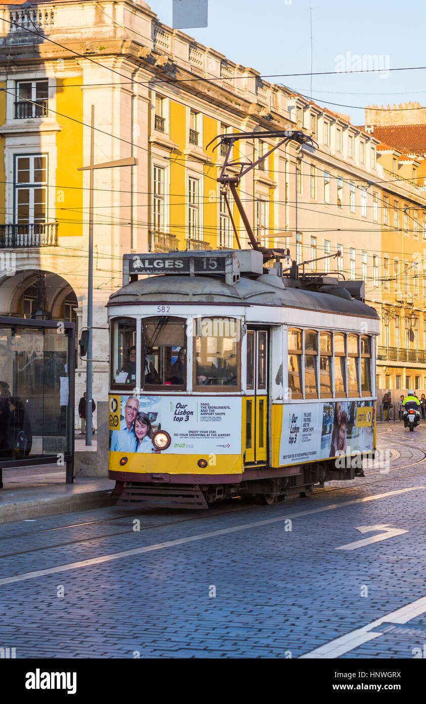 LISBON, PORTUGAL - JANUARY 10, 2017: Old tram on the Praca do Comercio (Commerce Square) in Lisbon, Portugal. Stock Photo
