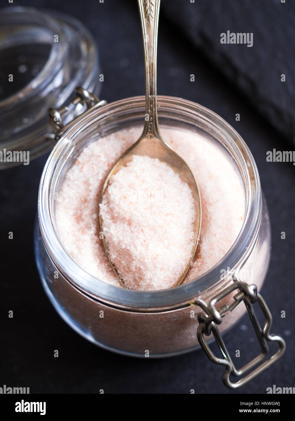 Pink himalayan salt in a jar. Stock Photo