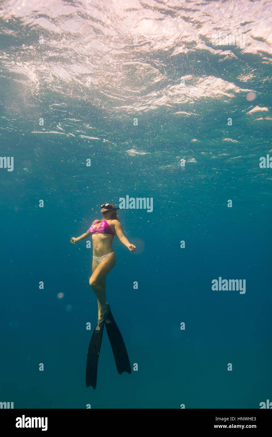 Underwater view of woman snorkelling, Oahu, Hawaii, USA Stock Photo