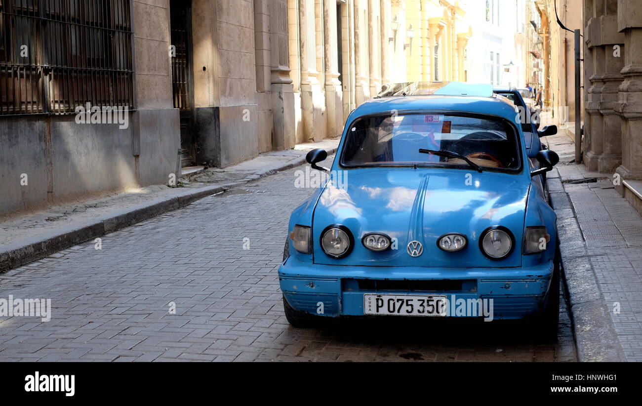 Classic American blue car on the street of old Havana, Cuba Stock Photo