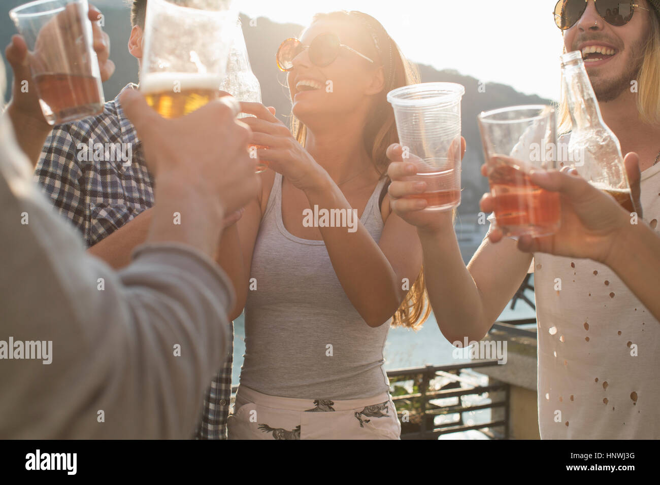 Adult friends raising a toast at roof terrace party, Budapest, Hungary Stock Photo