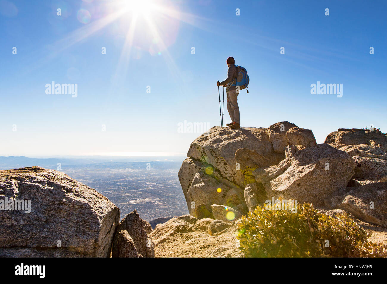 Hiker at viewing point, Cucamonga Peak, Mount Baldy, California, USA Stock Photo