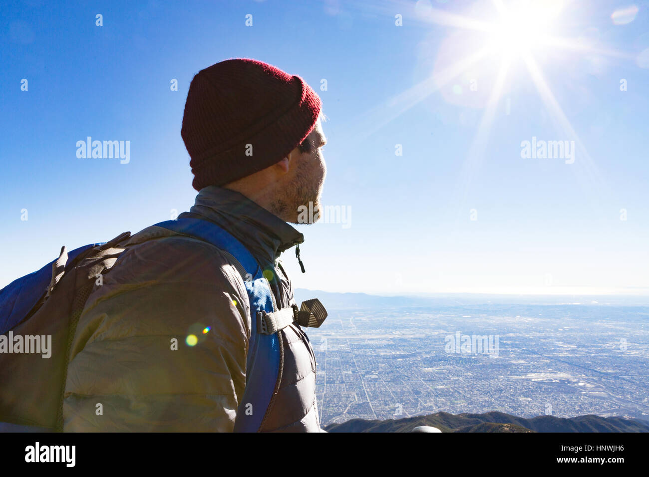 Hiker at viewing point, Cucamonga Peak, Mount Baldy, California, USA Stock Photo