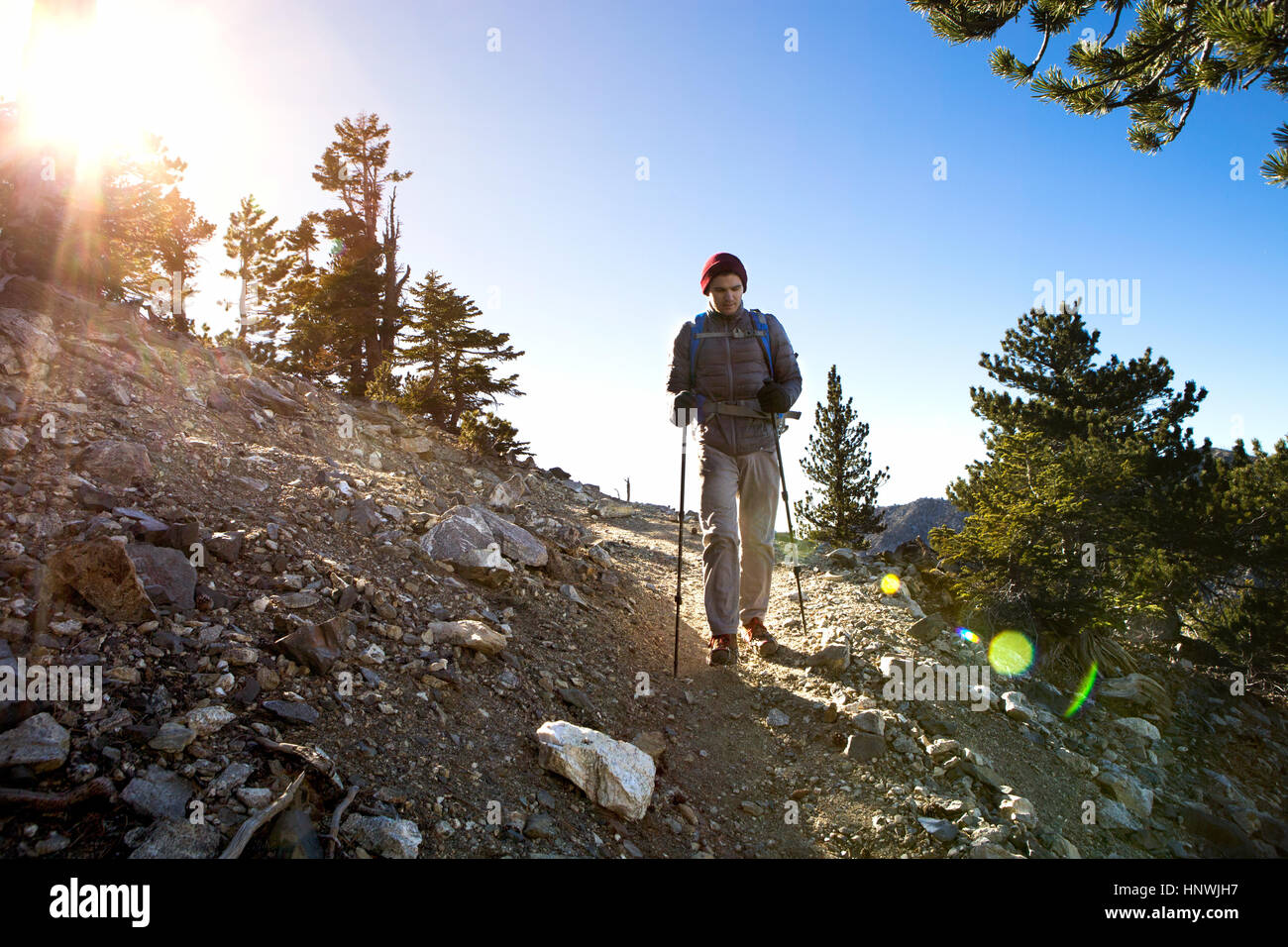 Hiker walking Cucamonga Peak, Mount Baldy, California, USA Stock Photo