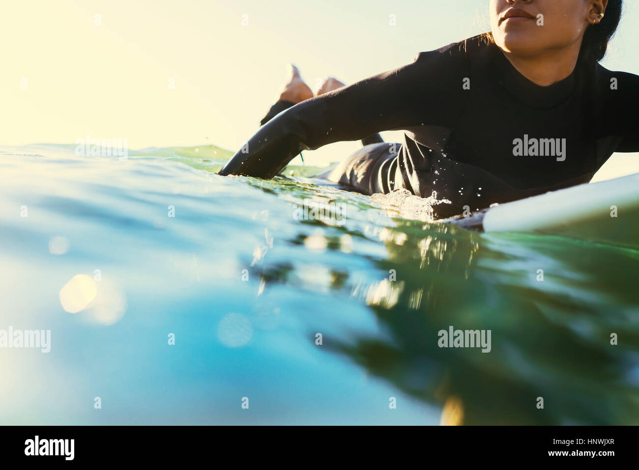 Young female surfer paddling surfboard at sea, Newport Beach, California, USA Stock Photo