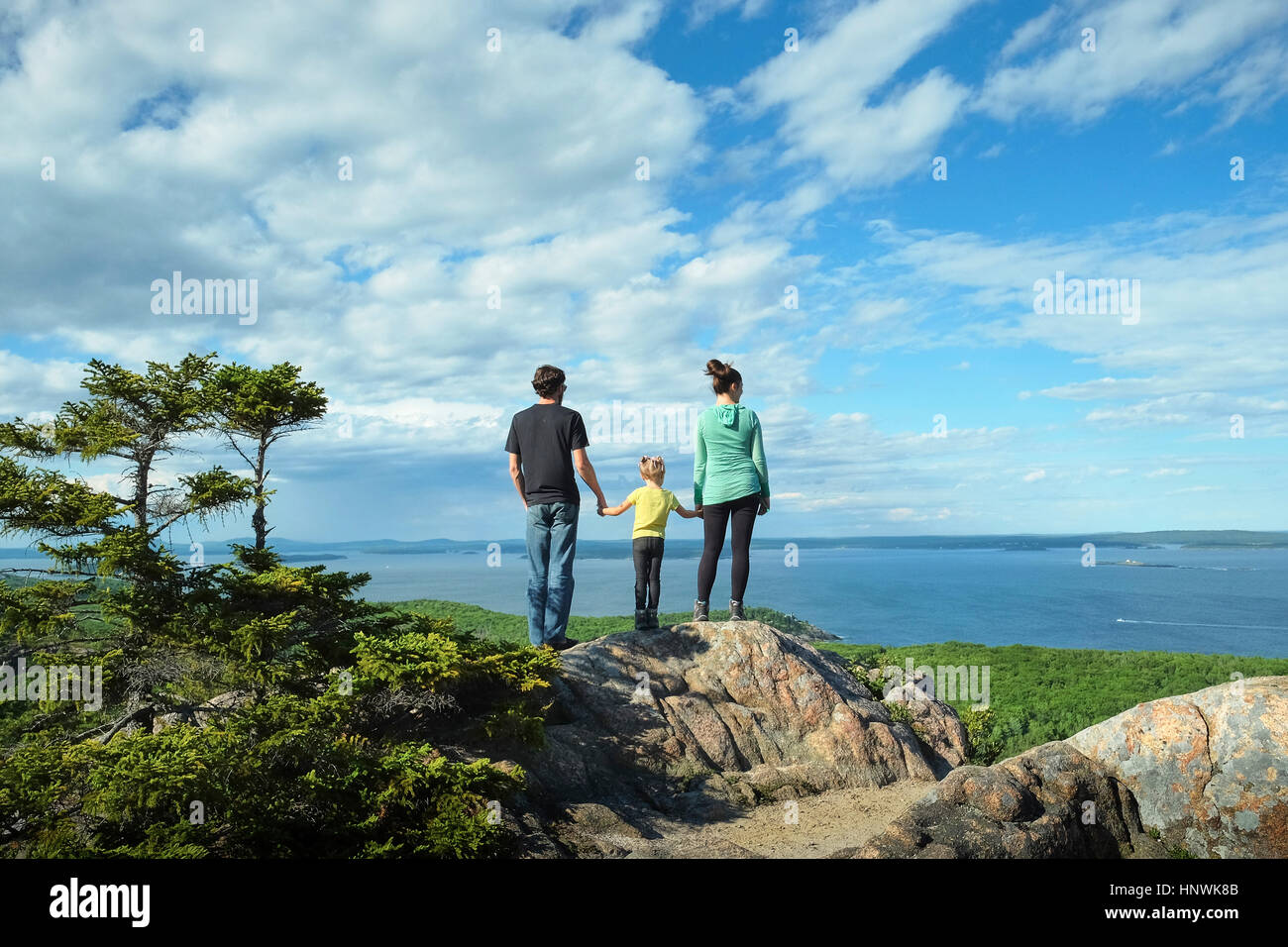 Rear view of family holding hands looking away at view of sea, Bar Harbor, Maine Stock Photo