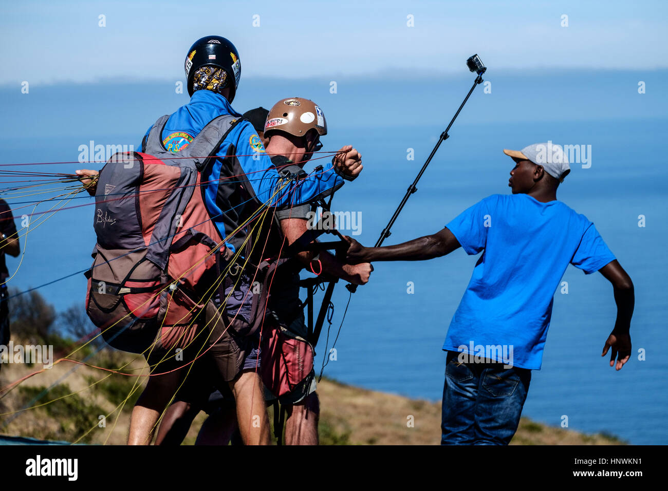 Paragliding with selfie stick  from Signal Hill, Cape Town, South Africa Stock Photo