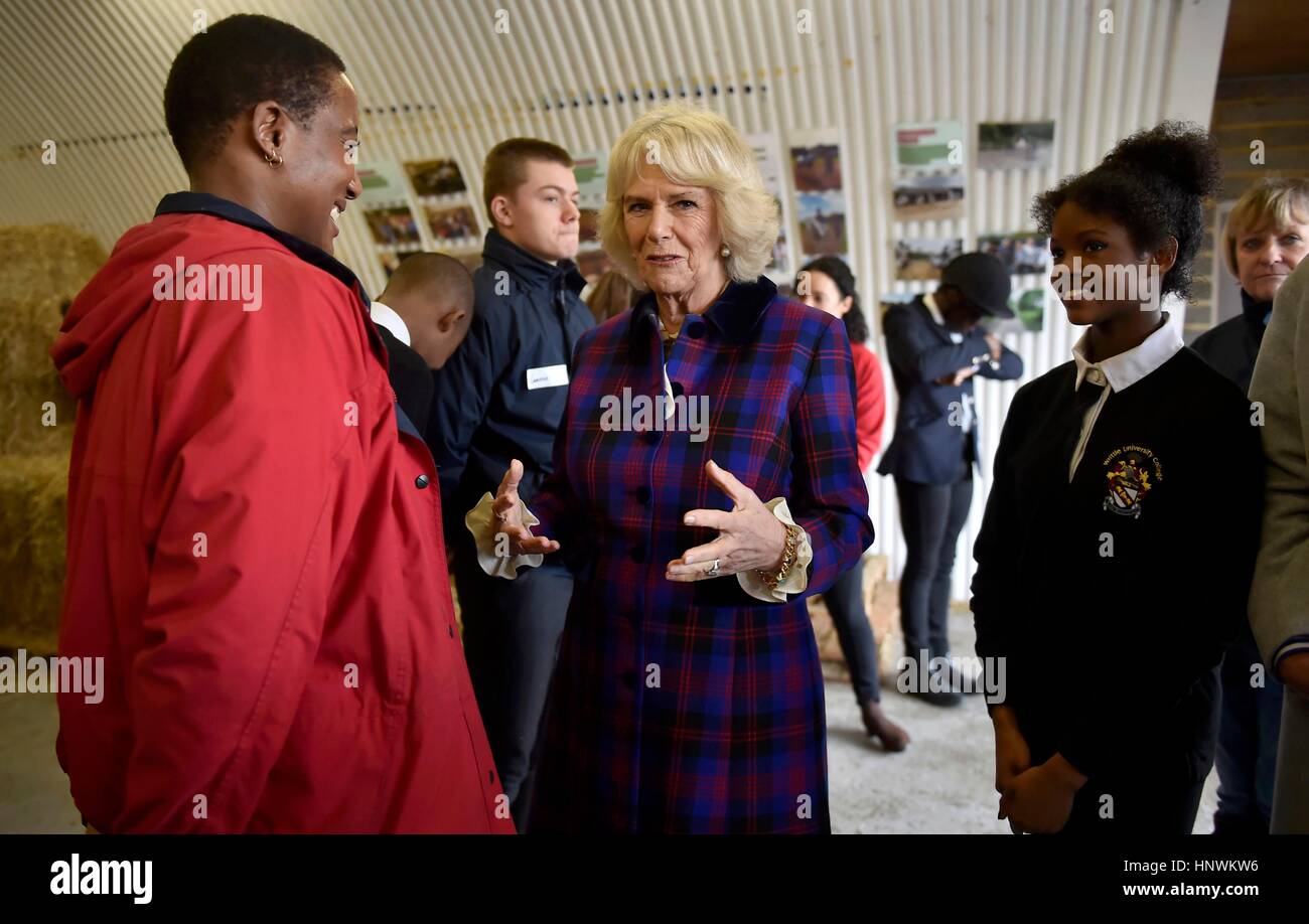 The Duchess of Cornwall, President of the Ebony Horse Club, with Natasha Williams (right), 19, as she visits the charity's Brixton riding centre to celebrate the club's 21st anniversary. Stock Photo