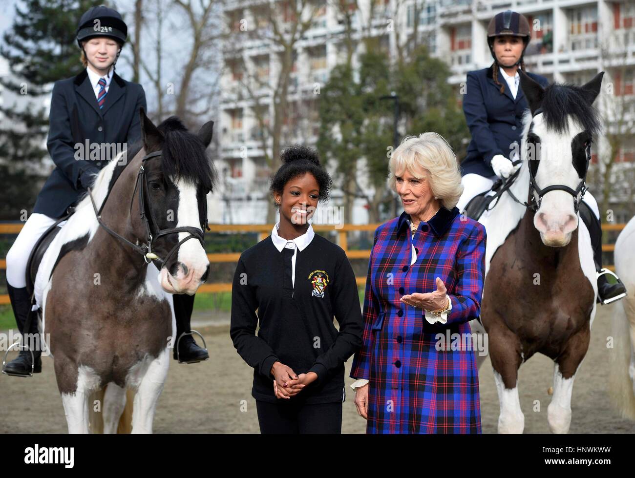 The Duchess of Cornwall, President of the Ebony Horse Club, with Natasha Williams (second left), 19, as she visits the charity's Brixton riding centre to celebrate the club's 21st anniversary. Stock Photo