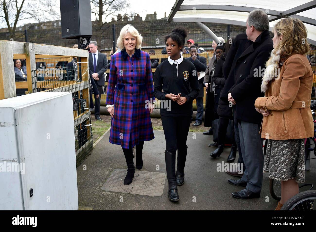 The Duchess of Cornwall, President of the Ebony Horse Club, with Natasha Williams, 19, as she visits the charity's Brixton riding centre to celebrate the club's 21st anniversary. Stock Photo