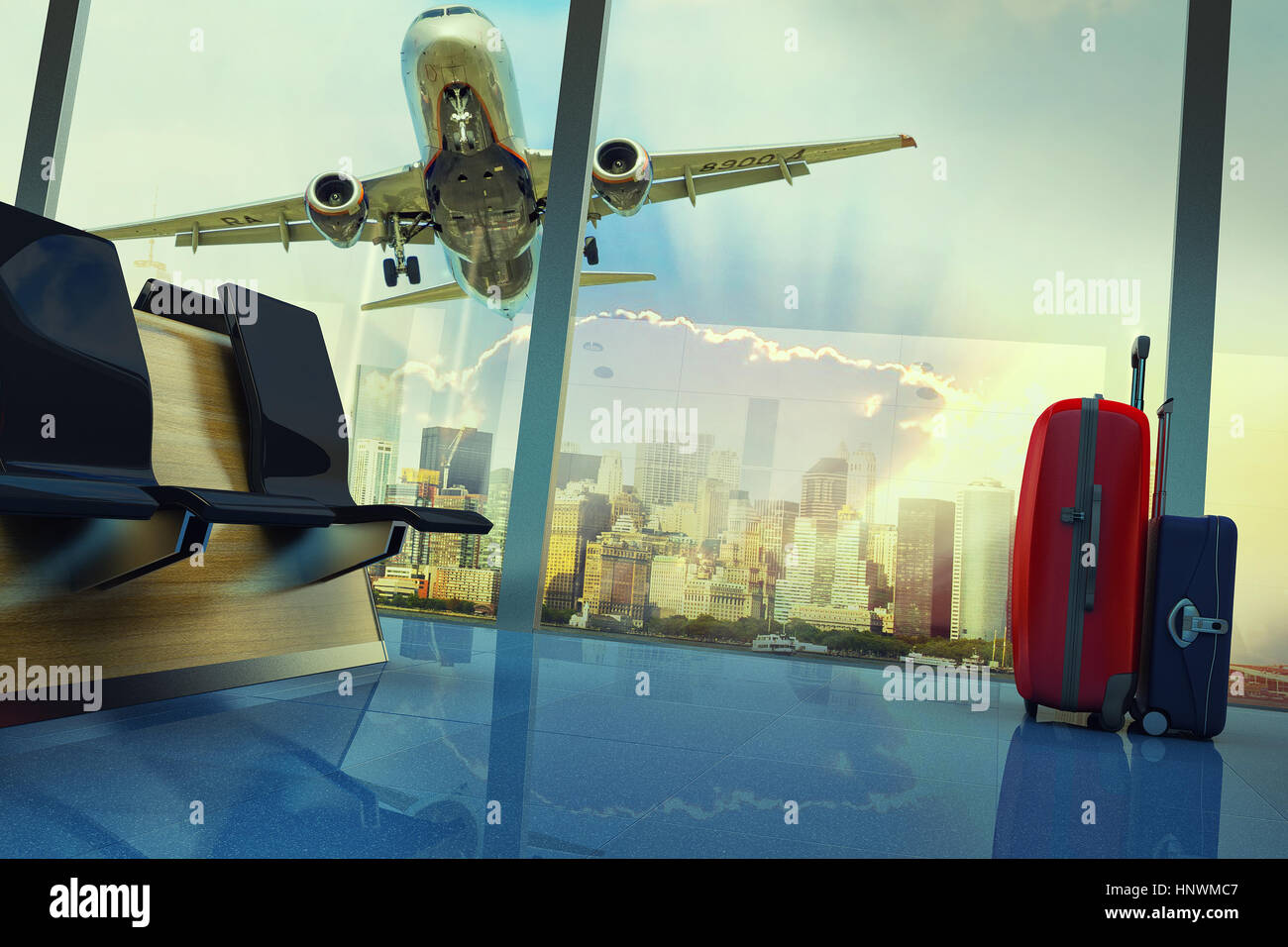 stack of traveling luggage in airport terminal and passenger plane ...