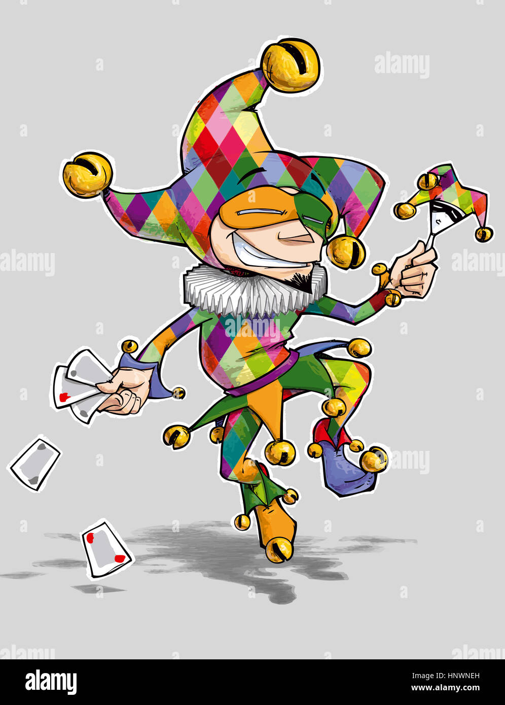 Cartoon illustration of a dancing jester in colourful diamond outfit. Stock Photo
