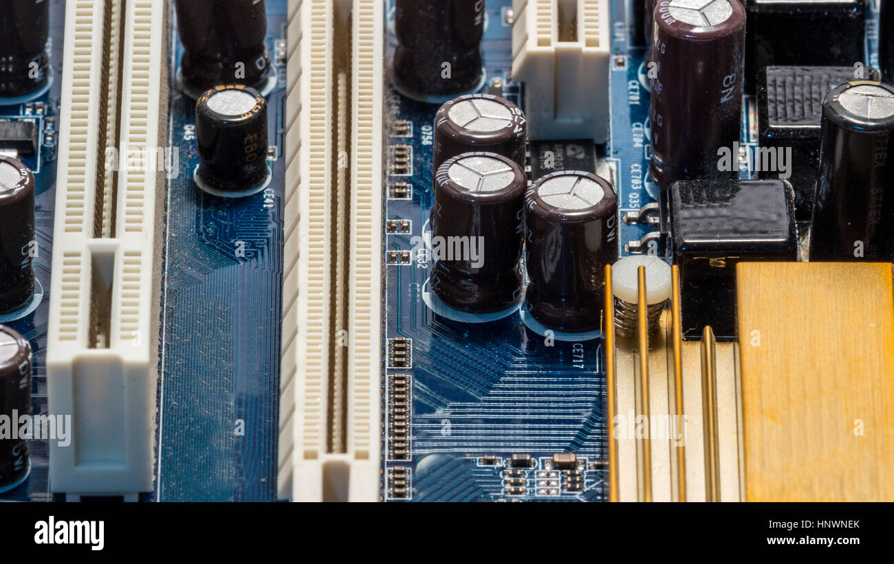 Closeup image of a computer mainboard, detail of Memory Bank Stock