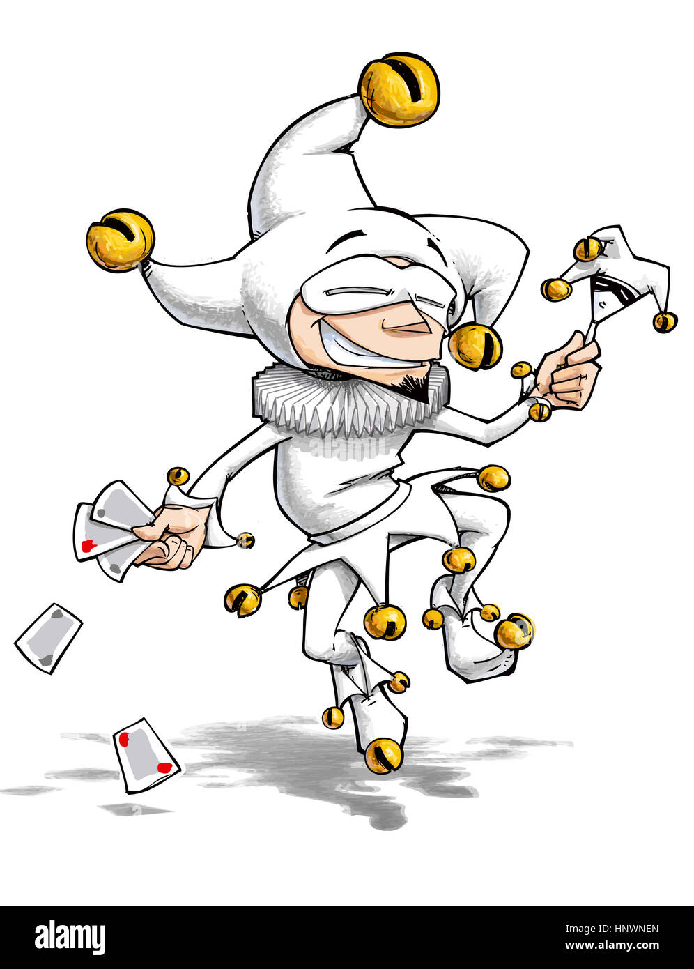 Cartoon illustration of a dancing jester in blank outfit, you may colour it by adding a multiply layer. Stock Photo