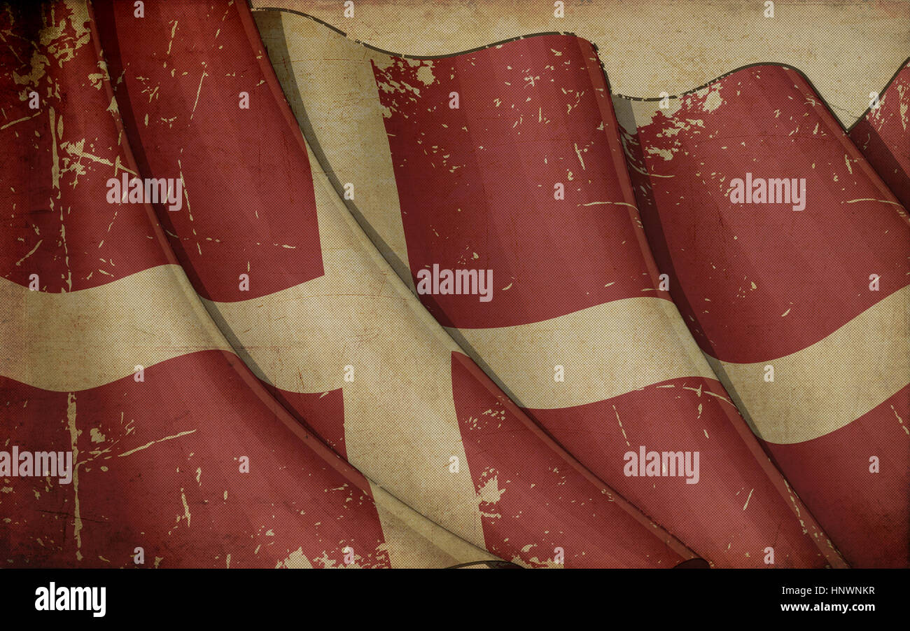 Illustration of an Old, Scratched, Rusty Flag of Denmark printed on old paper Stock Photo
