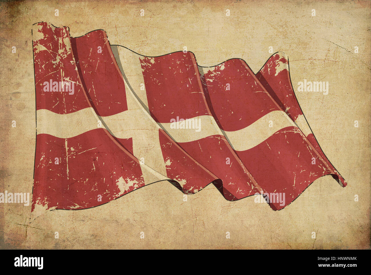 Wallpaper depicting an aged paper, textured background with a scratched illustration of the flag of Denmark Stock Photo