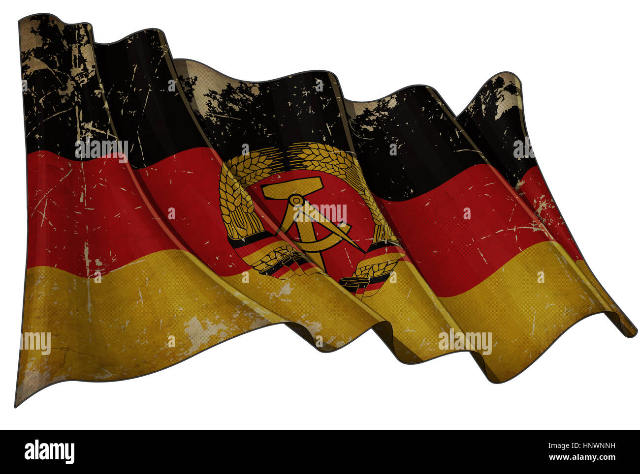 Illustration of a Waving aged East Germany Flag against white background Stock Photo