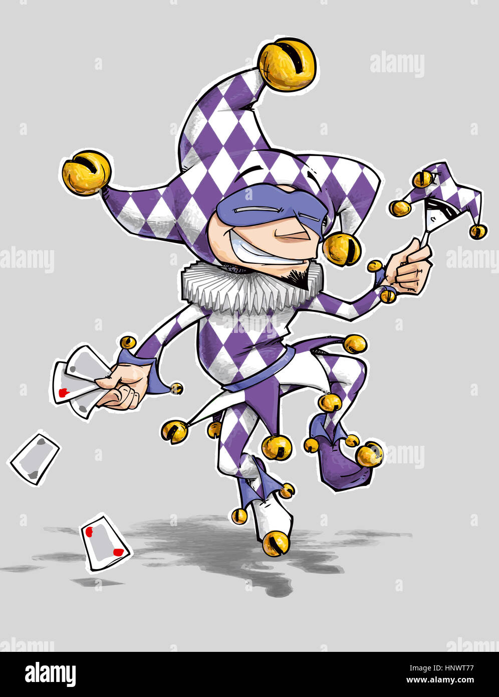Cartoon illustration of a dancing jester in purple and white diamond outfit.  Enjoy!!! Stock Photo