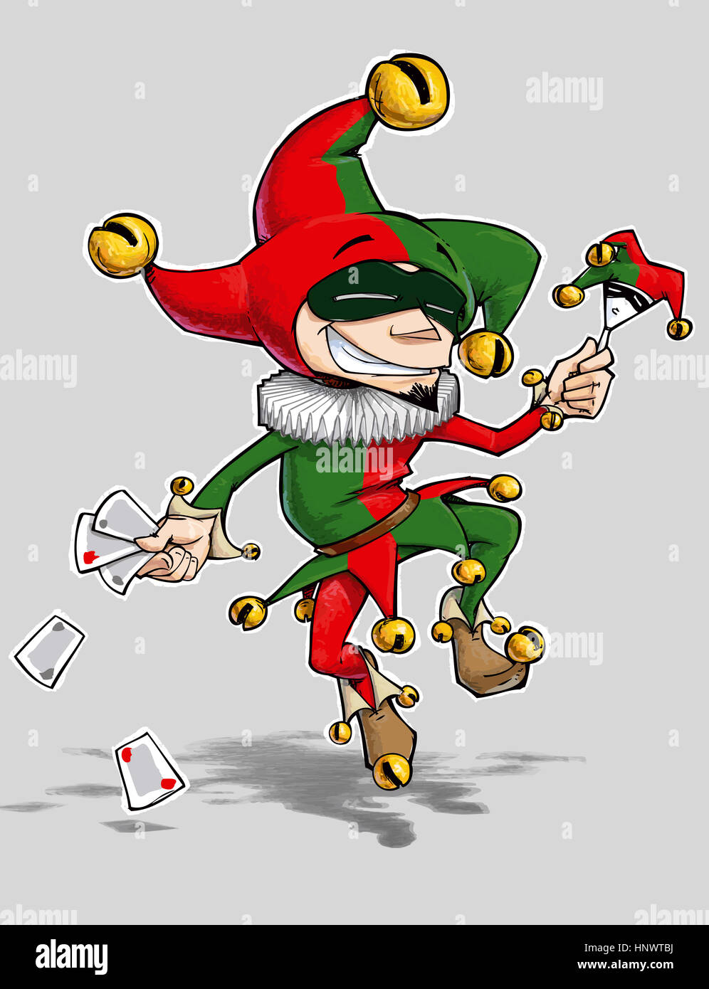 Cartoon illustration of a dancing jester in green and red outfit. Stock Photo