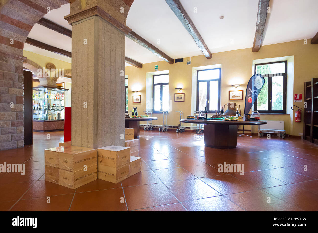 The wine shop at the Sella & Mosca's vinery built in 1903 near Alghero, Sassari, Sardinia Italy Stock Photo