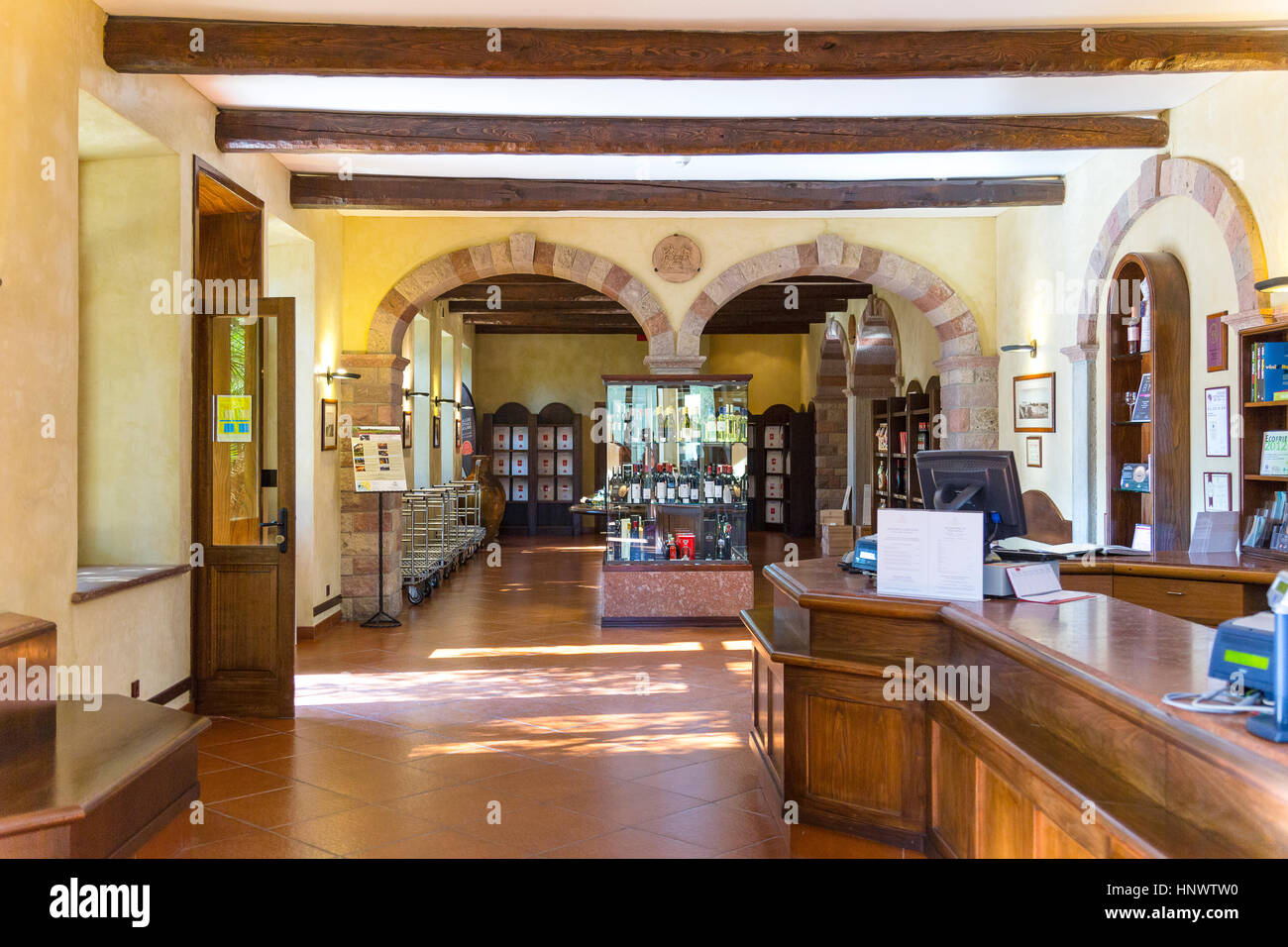 The wine shop at the Sella & Mosca's vinery built in 1903 near Alghero, Sassari, Sardinia Italy Stock Photo