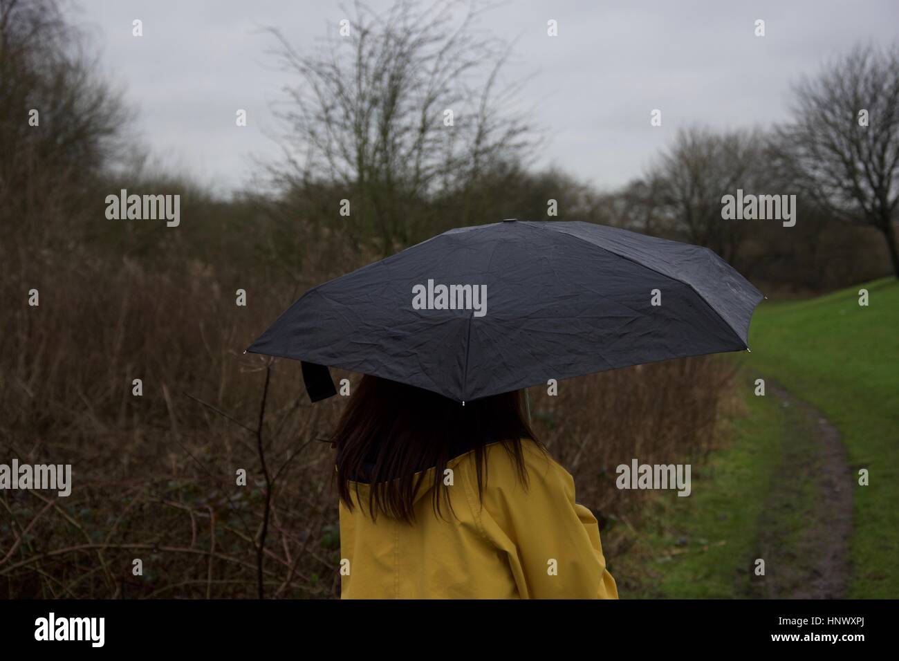 A girl in a yellow raincoat holding a black umbrella in the rain in a field Stock Photo