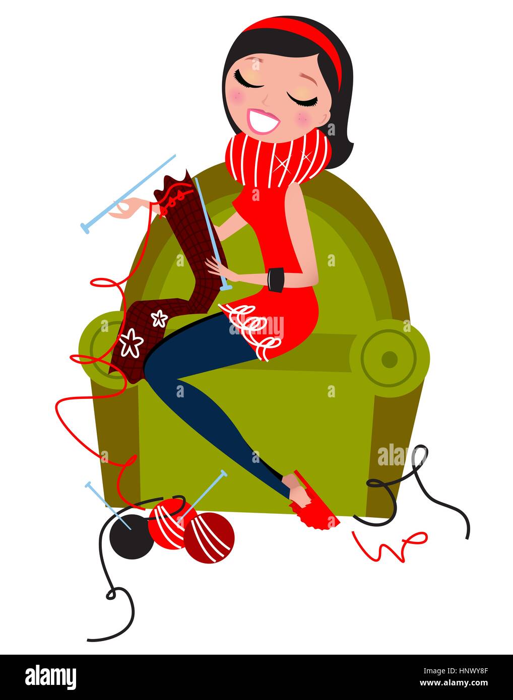 Woman sitting in sofa knitting traditional wool knitwear. Art illustration in wonderful colors / WINTER THEME Stock Photo