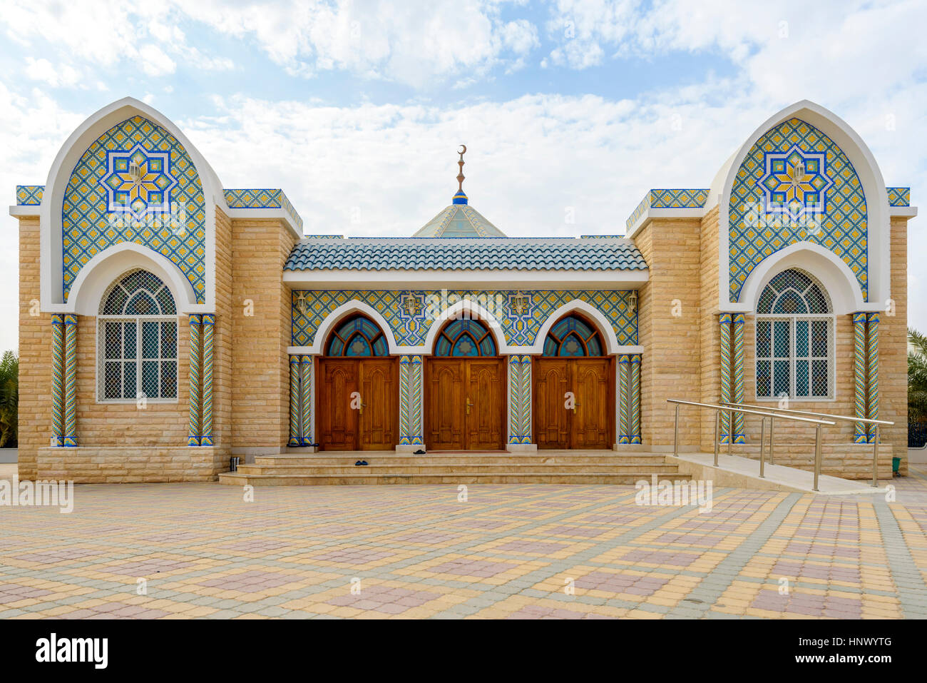 Mosque entrance. Colourful exterior to a religious building in Al Ain, United Arab Emirates