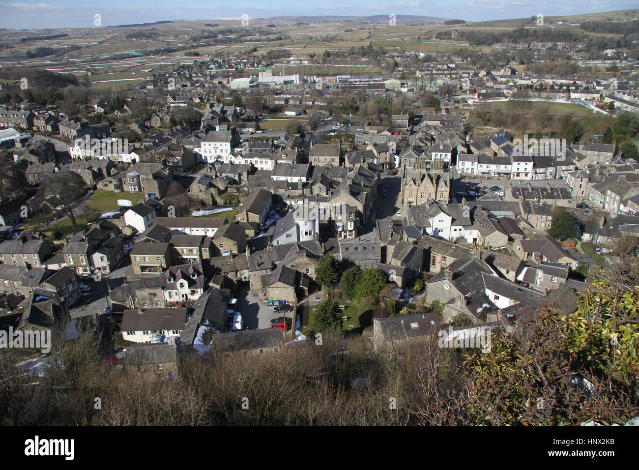 View of market place and town centre from the top of Castleberg Rock, Settle, North Yorkshire, UK Stock Photo