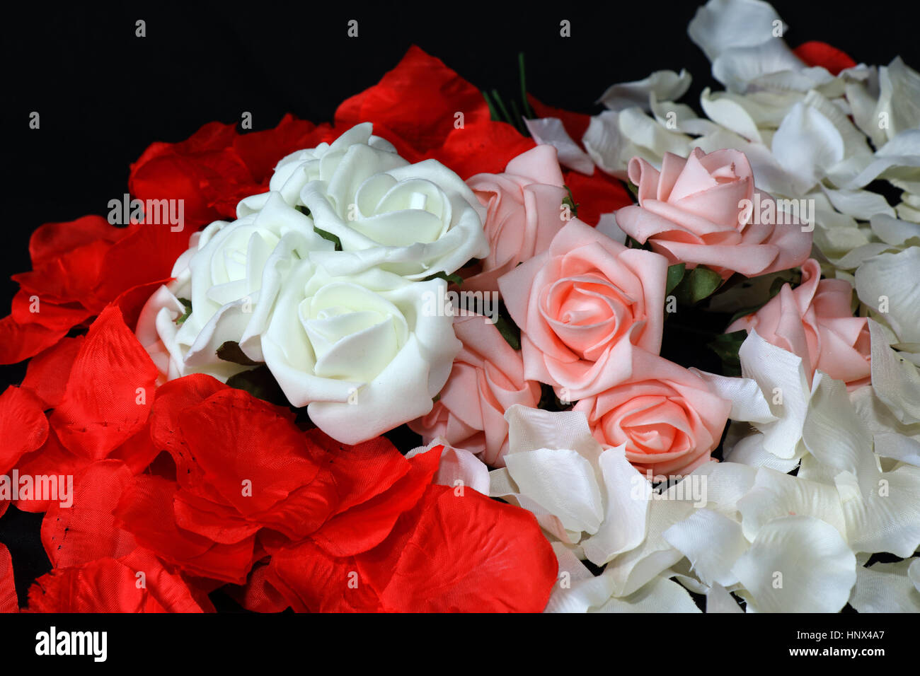 Floral pattern with red roses, petals and leaves on white background Stock  Photo by klenova