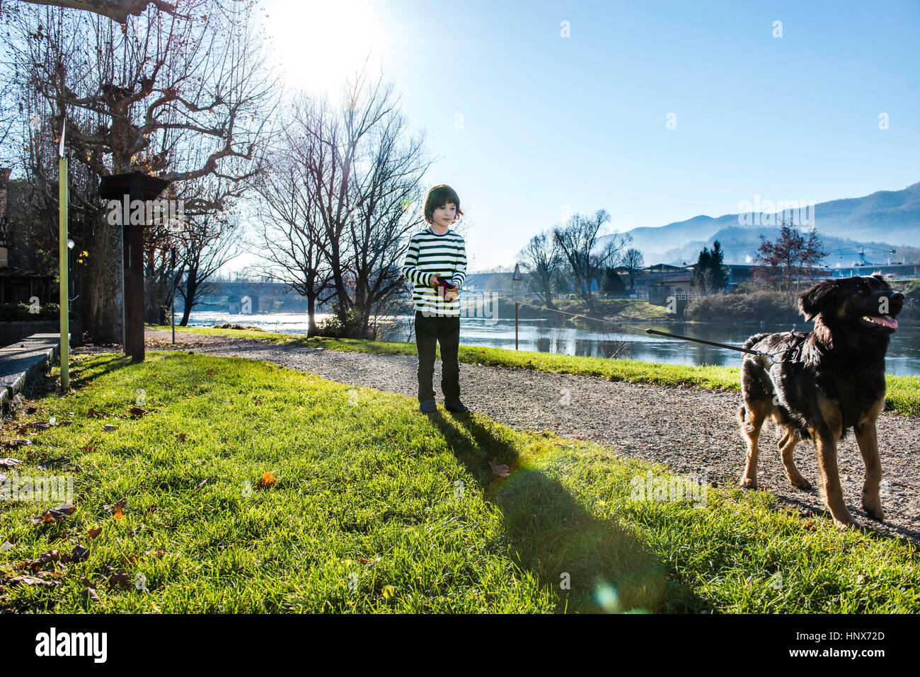 Boy playing with his best friend, his pet dog Stock Photo
